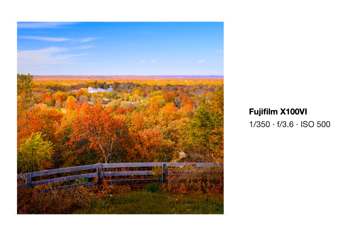 An autumn landscape beside its real camera, lens, and exposure details