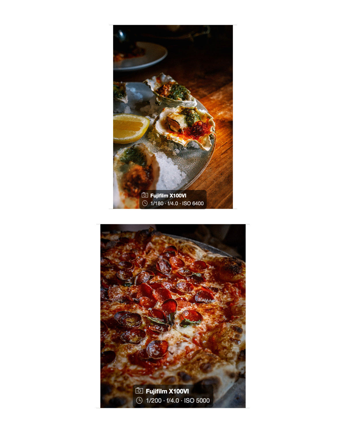 Food and pizza photographs on one page, each with its own camera and exposure details
