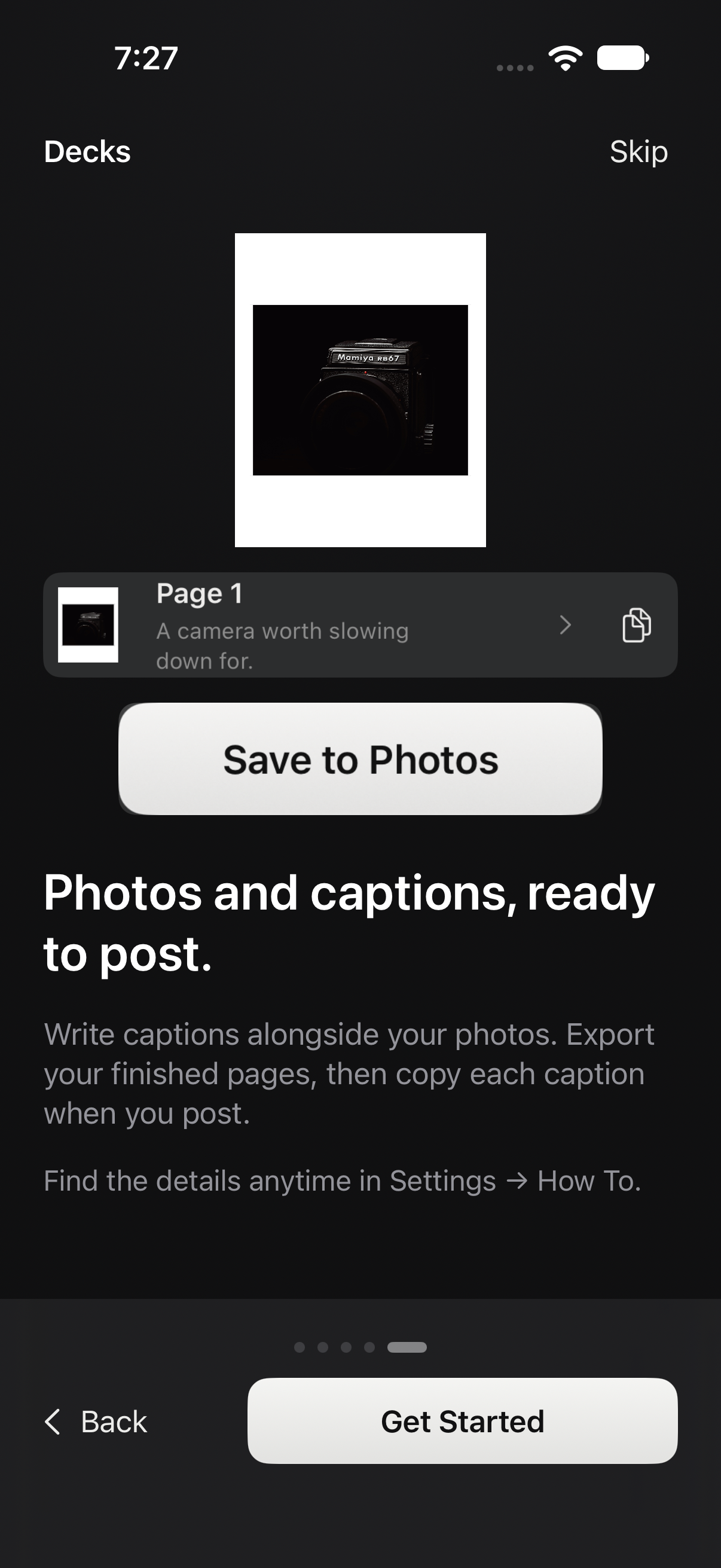 Decks introduction showing a framed camera photograph, its caption with a copy button, and Save to Photos