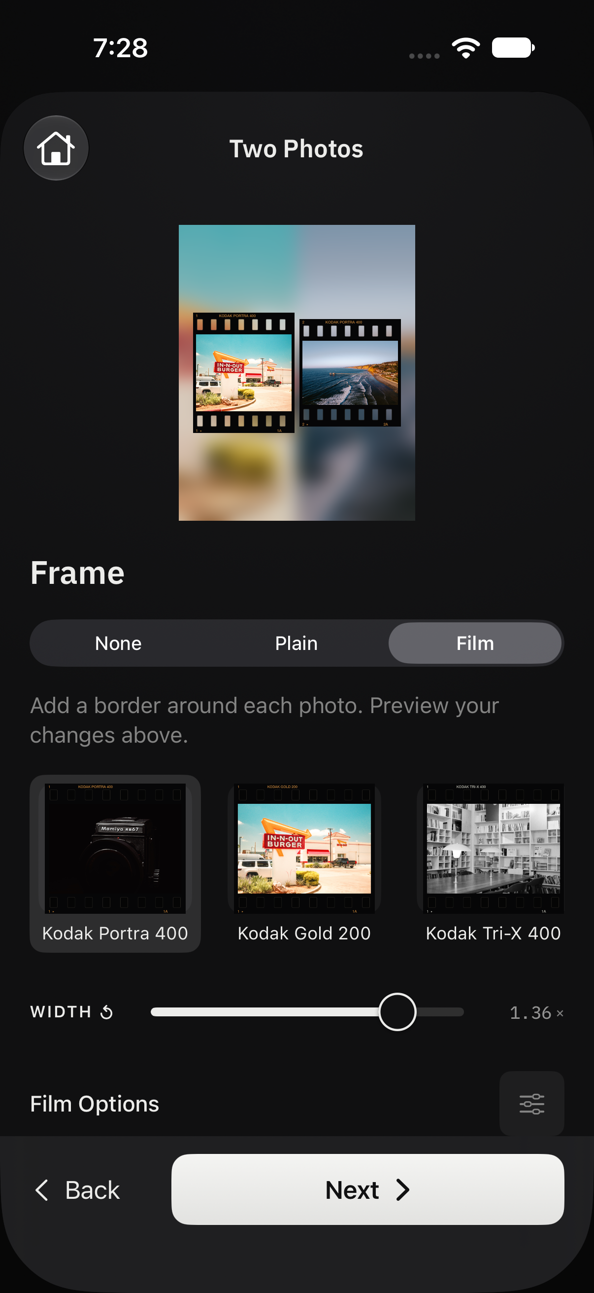 The frame step with None, Plain, and Film options, film-border previews, and a width control
