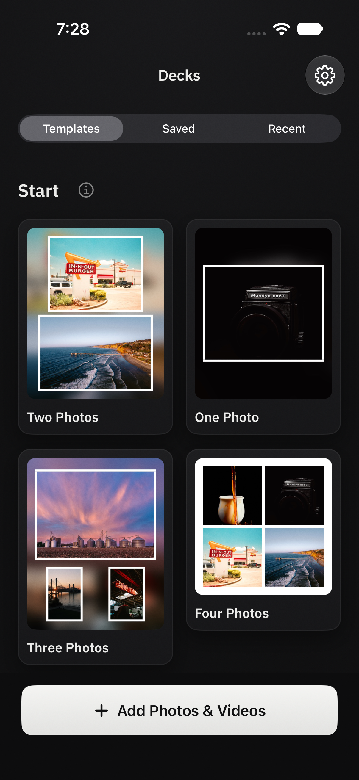 Decks Home showing photographed previews for One Photo, Two Photos, Three Photos, and Four Photos templates