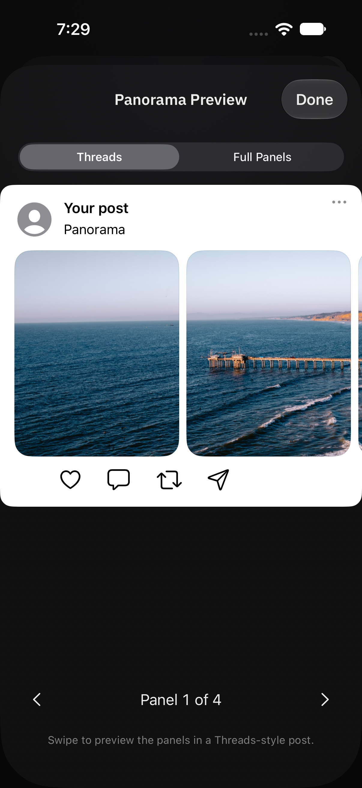 The Scripps coastline split into four linked panels in the native Threads panorama preview