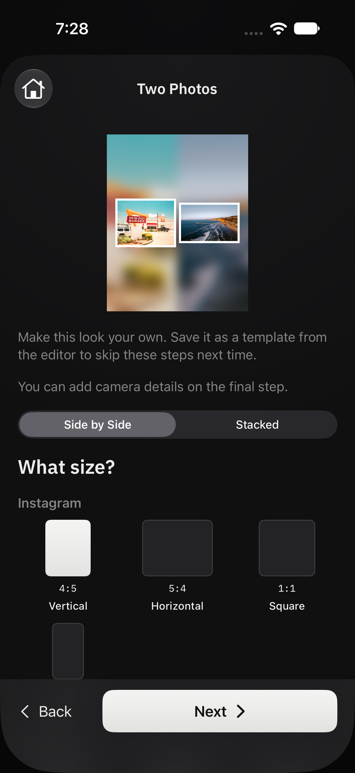 The Two Photos walkthrough with Side by Side and Stacked layouts, and vertical, horizontal, and square page sizes