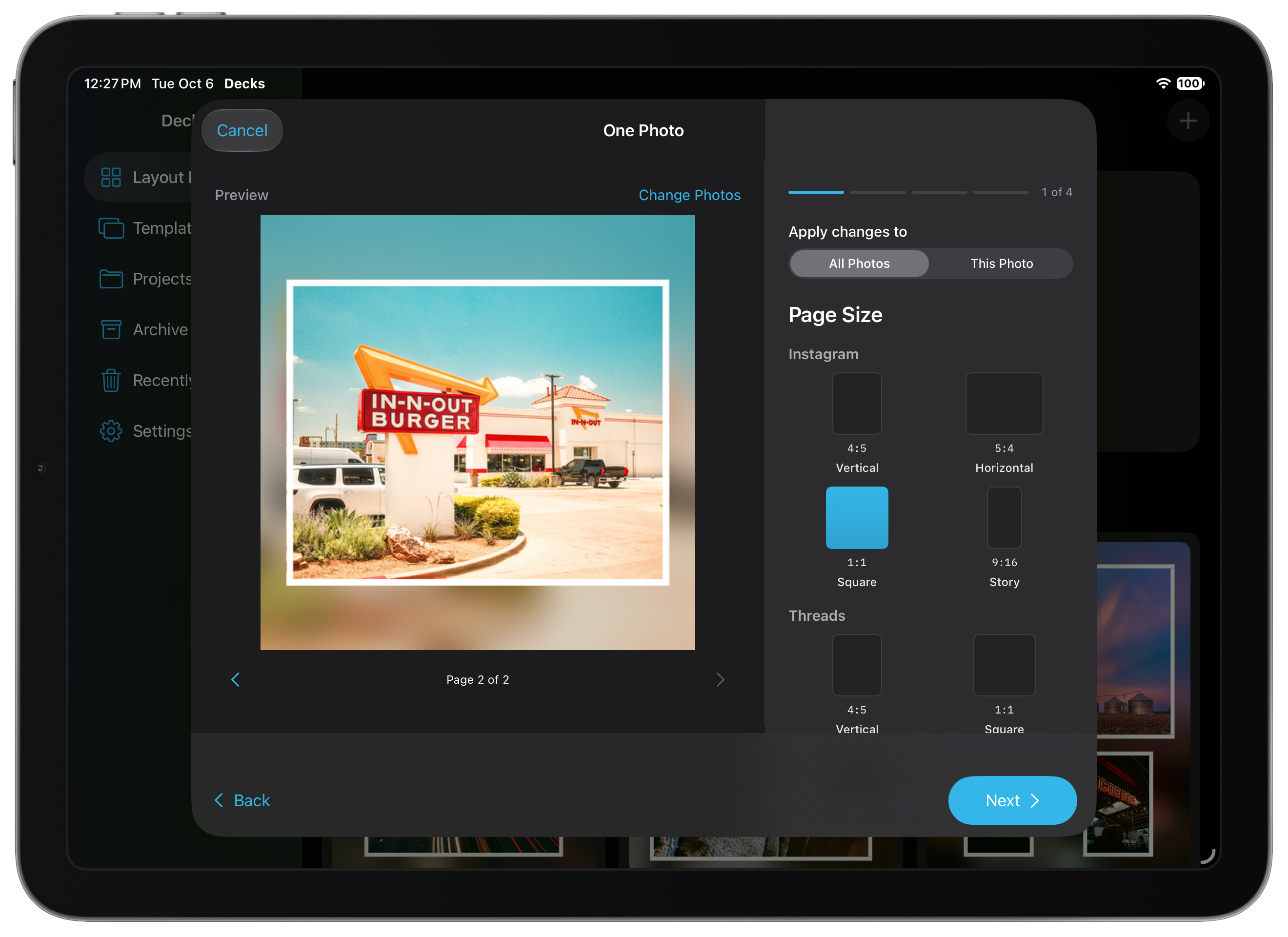 Landscape iPad Layout Builder with photo preview and page-size controls.