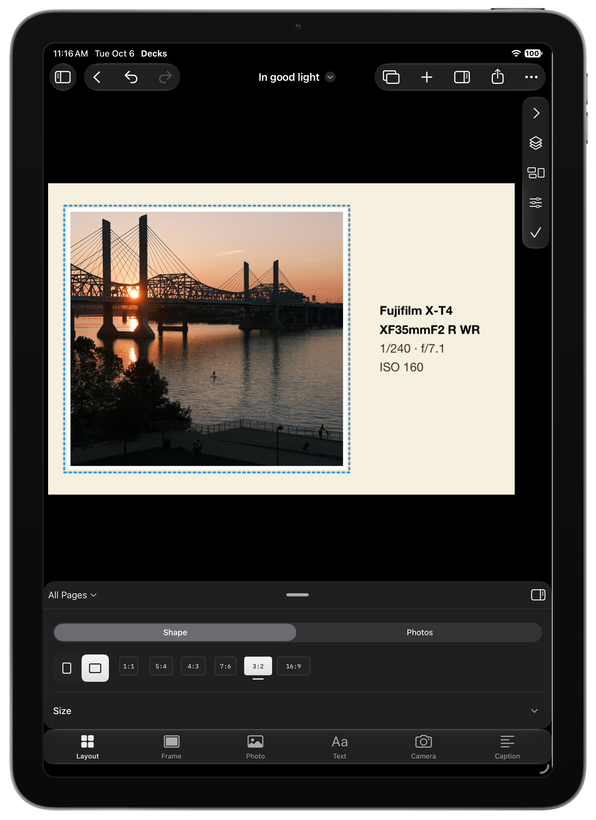 The iPad workspace with a photo composition and layout panel.