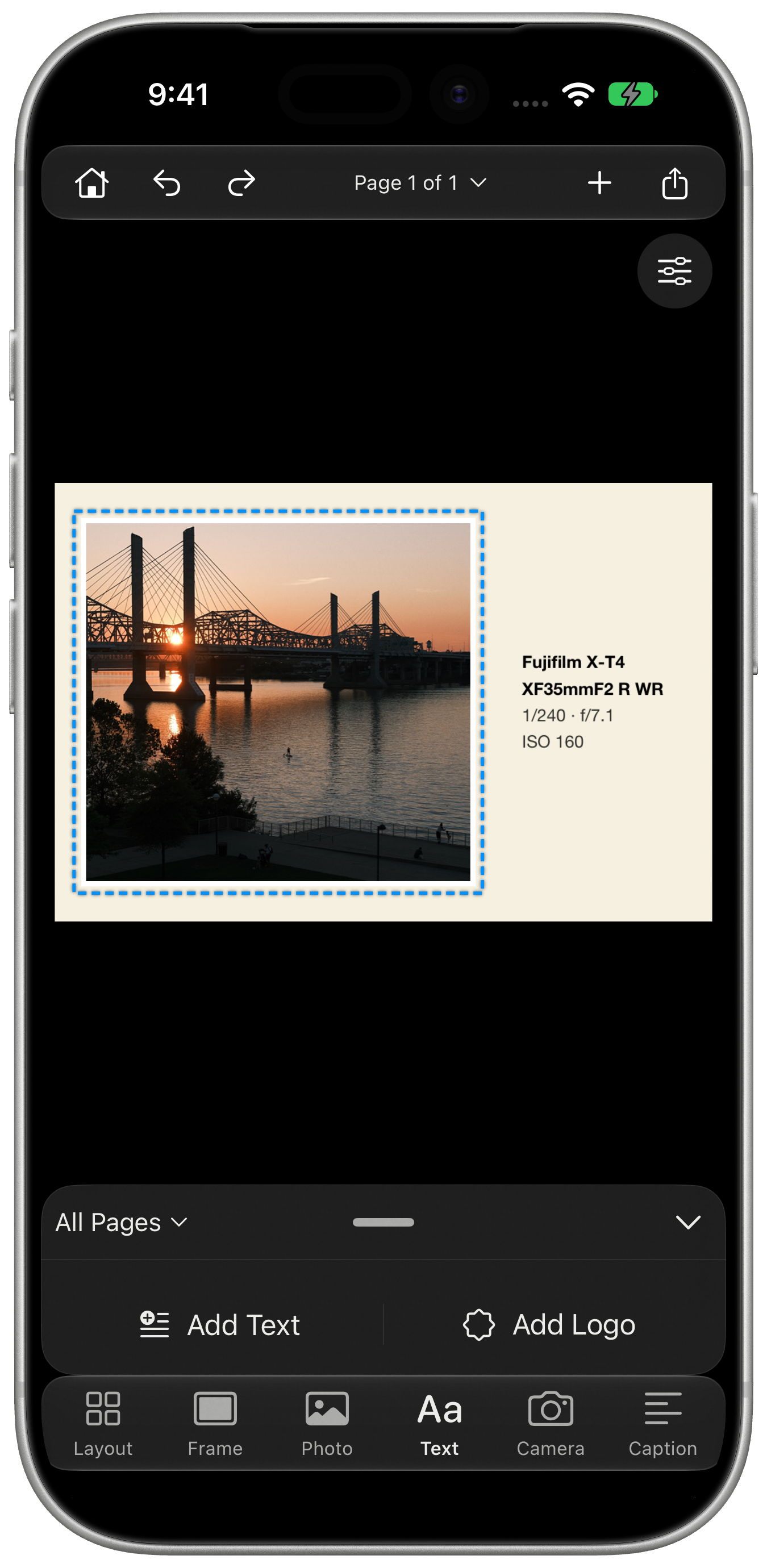 Add Text and Add Logo entry actions on iPhone.