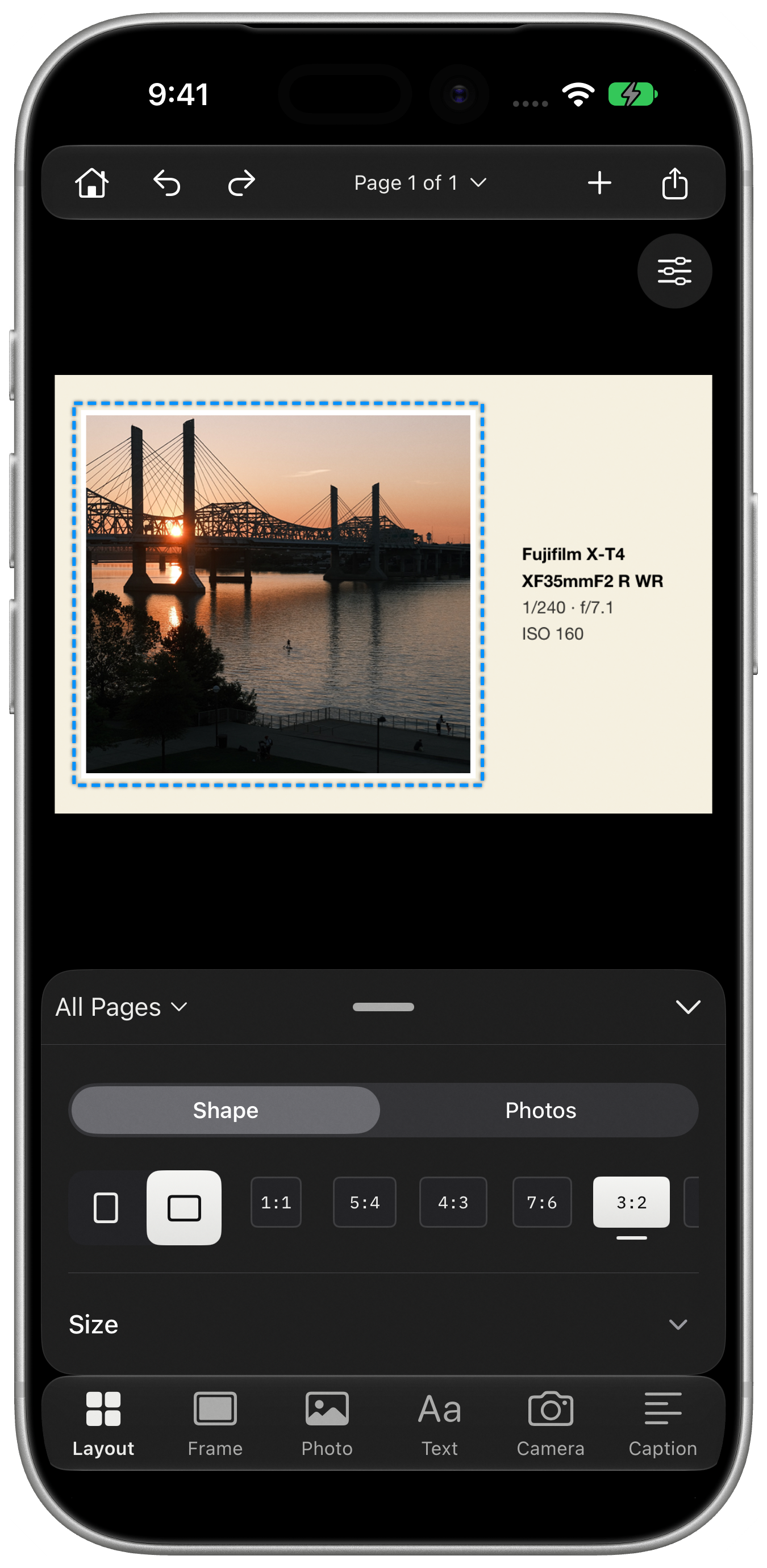 The iPhone editor with page, layout, and tool controls.
