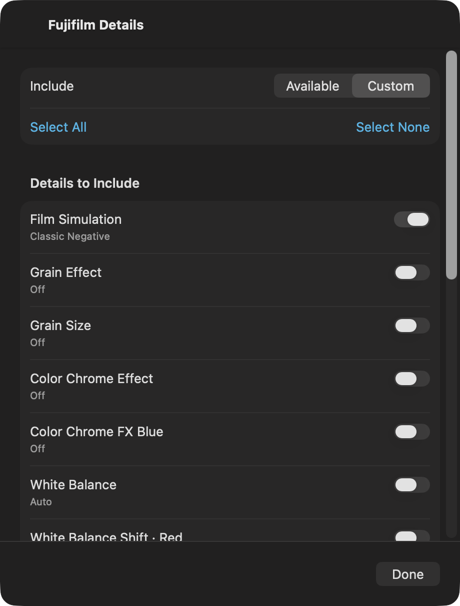 Choose which Fujifilm details appear in the composition.